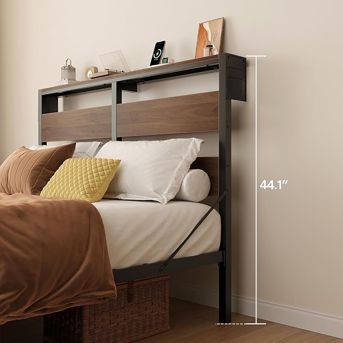 Bestier Full Bed Frame with Headboard Storage and Charging Station, Walnut Platform Bed Frame with LED Light, Non-Slip Metal Bed Frame Full Size, Noise-Free, Easy Assembly, Walnut