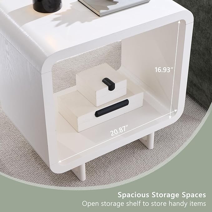 23.6" Modern End Table, 2 Tier Side Table with Charging Station, Simple Bedside Table with Open Storage Shelf, Outlet, Wooden Nightstand for Bedroom, Living Room, Study, Easy Assembly, White