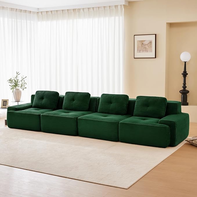 150" Modern Corduroy Cloud Sofa, Boneless Modular Large Sectional Couches for Living Room, Green 4 Seater Compressed Memory Foam Couch, Extra Deep Seat, No Assembly