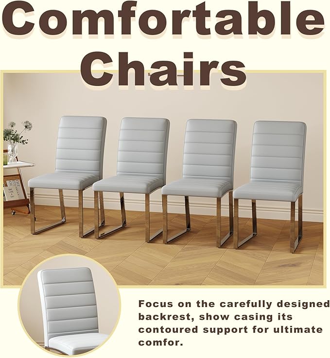 Modern Dining Chairs Set of 4, White Faux Leather Kitchen Chairs, Upholstered Armless Dining Room Chair with Gold Mental Legs Heavy Duty, Comfortable (Grey Chiars, Set of 4)