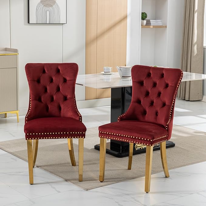 Goujxcy 5 Piece Round Glass Dining Table Set for 4, 47" Round Dining Table & Chair Set Modern Circle Glass Kitchen Table and 4 Velvet Upholstered Chairs for Kitchen Dining (Gold & Burgundy)