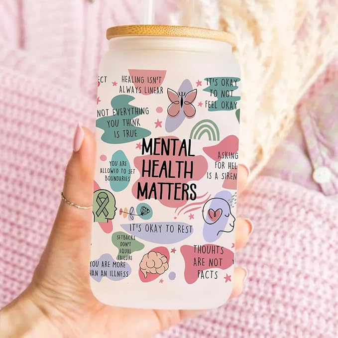 Mental Health Gifts for Women Friends, 16Oz Can Glass Cups with Lid and Straw, Inspirational Affirmations Gift, Sobriety Motivational Gifts for Female Coworker, Birthday Gifts for Women Friendship