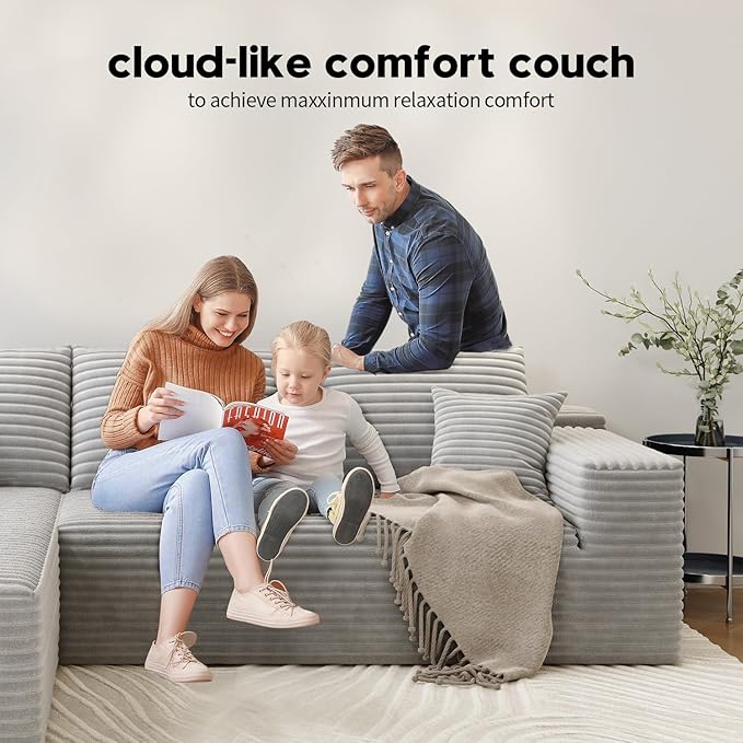 135.4" Cloud Modular Sectional Sofa with 1 Ottoman,Modern Minimalist Upholstered Couches, Comfort U Shaped Sofa for Living Room,Deep Seat Corner Couch，No Assembly Required (Grey,Left Facing Chaise)