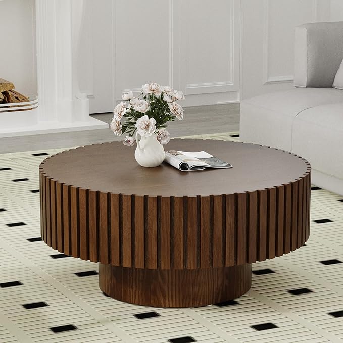 Round Coffee Table, Handcrafted Fluted Drum Coffee Tables Modern Wood Coffee Table Circle Drum Center Table for Living Room, Apartment (Round Brown)