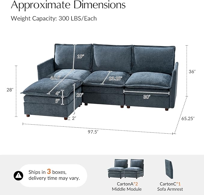 HULALA HOME 98'' Oversized Modular Sectional Sofa with Dual-Layered Cushions, L Shaped 4 Seater Couch with Storage Ottoman and Removable Cover, Modern Deep Seat Cloud Couch for Living Room, Blue