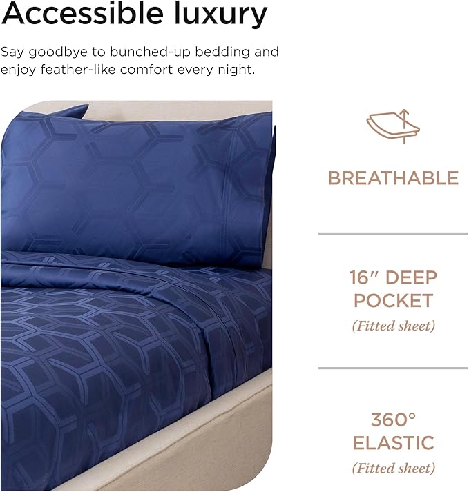 Threadmill 100% Cotton Sheets for Full Size Bed - 600 Thread Count Full Bed Sheets Set with 16” Deep Pocket - Jacquard Sateen Weave 4-Piece Bedding Set with Cooling Effect, Folkstone Blue
