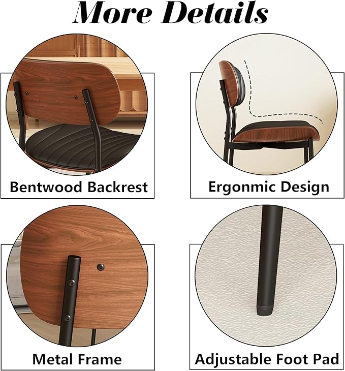 Modern PU Leather Dining Room Chairs Set of 6, Upholstered Kitchen Chairs with Walnut Bentwood Back and Metal Legs Adjustable Feet for Kitchen Dining Room(Balck)
