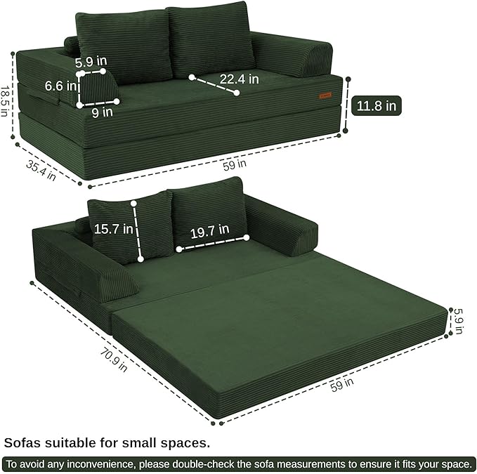 COMAX Convertible Sofa Bed, Folding Floor Couch Corduroy Fold Out Couch Bed Futon Sleeper Mattress with Pillows, Boneless Sofa Comfy Lounge Loveseat for Living Room Bedroom, Green