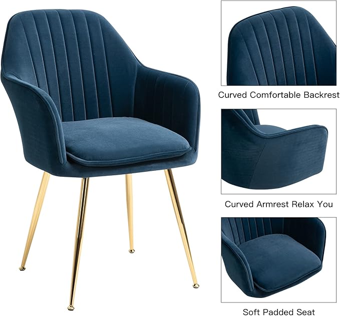 ECOTOUGE Modern Dining Chairs Set of 6, Upholstered Dining Room Chairs with Golden Metal Legs, Matte Velvet Kitchen Chairs for Dining Table, Accent Chairs for Living Room, Blue