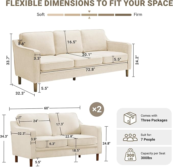 Kingfun Living Room Furniture Sets, Armchair and 2 Loveseat, Mid Century Modern Sofa Set, Chenille Couch with Solid Wood Frame for Living Room & Bedroom, Beige