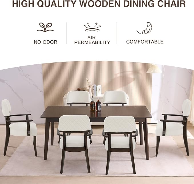 Modern Wood Dining Chairs with Arms Set of 4, Velvet Upholstered Kitchen Chairs with Open Curved Backrest & Black Hardwood Legs, Accent Chairs 350 LBS Capacity, White