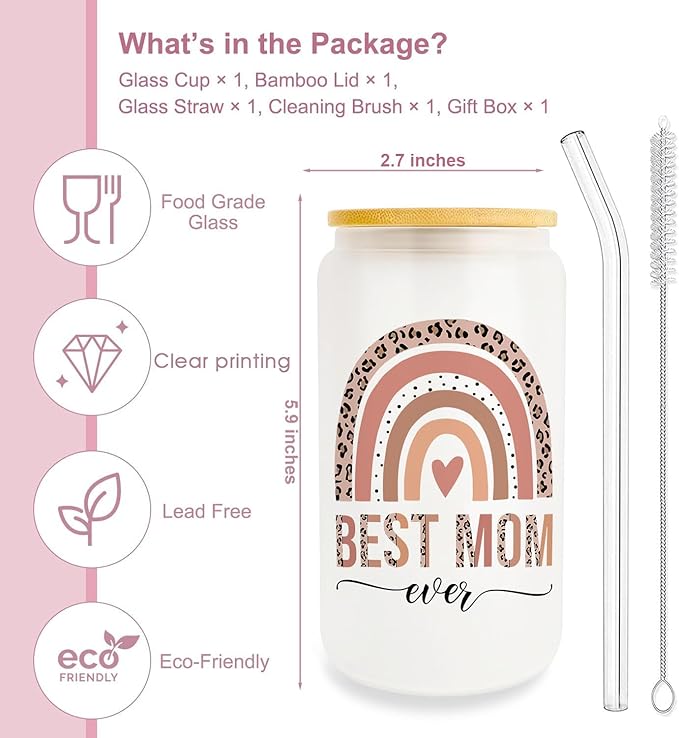 Best Mom Gift for Mother from Daughter Son, Gifts for Mom Iced Coffee Cup, Unique Mom Birthday Gifts, Thank You Mom Gift Ideas for Mother, 16oz Glass Cup with Lid and Straw