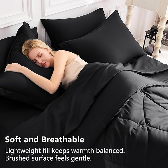 CozyLux King Size Comforter Set Black - 7 Pieces Bed in a Bag King, Luxury Soft Bed Set for All Seasons, Bedding Set with Down Alternative Comforter, Sheets, Pillowcases & Shams