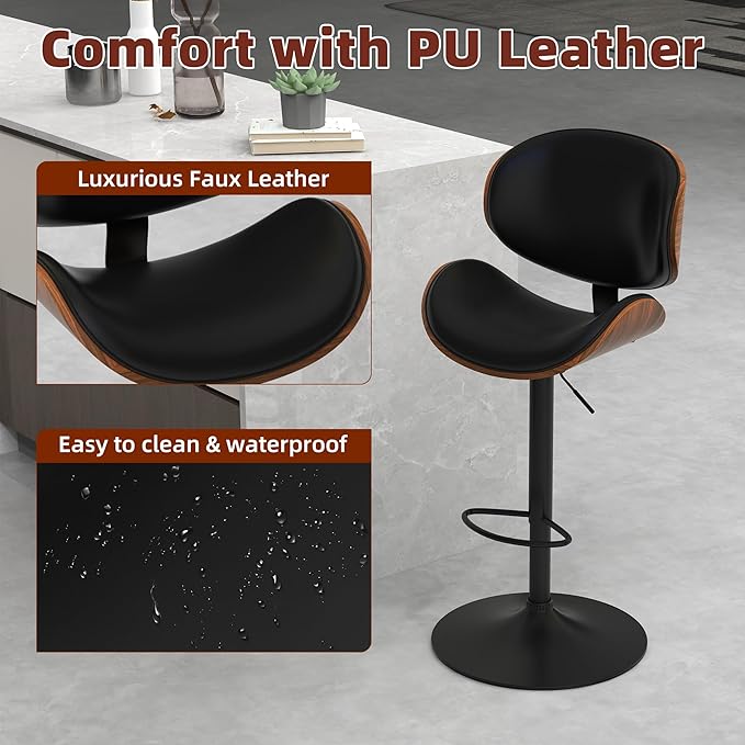 civama Bar Stools Set of 6 for Kitchen Counter, Adjustable Bar Height Chairs, Modern Swivel Barstools with Bentwood Seat and Back with Footrest for Kitchen Island, Dining Room, Black PU Leather