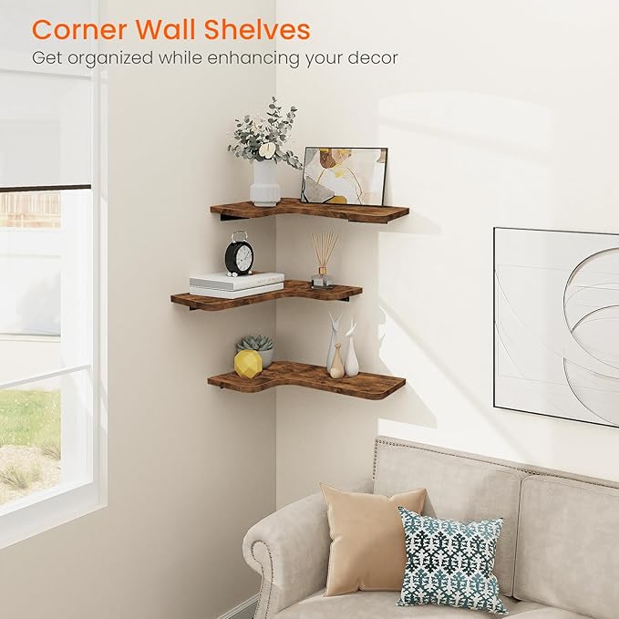 Homode Corner Floating Shelves, Corner Shelves Wall Mounted with Cord Hole, Set of 3 L Shape Wood Wall Storage Shelves for Living Room Bedroom Bathroom Kitchen, Rustic Brown