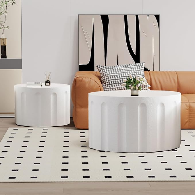 Round Nesting Coffee Table Set of 2, Round Fluted Coffee Tables for Living Room Modern Nesting End Side Tables for Small Spaces (B White)