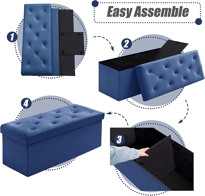 BRIAN & DANY 43 Inches Ottoman with Storage, Velvet Storage Ottoman Bench, End of Bed Benches, Folding Ottomans for Bedroom, Living Room and Entryway (Blue)
