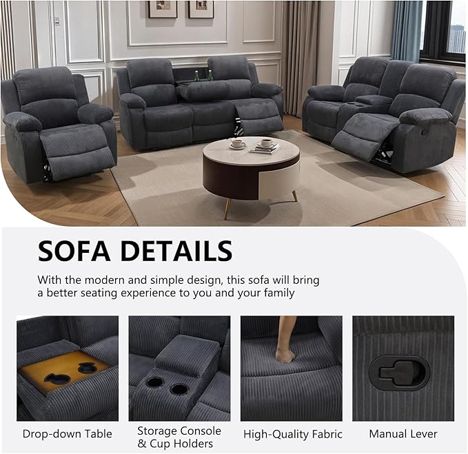 Manual Recliner Sofa Set,Corduroy Reclining Couch Set,Modern Living Room Furniture Set,Reclining Sofa Couch Chair for Living Room Home Office(Dark Grey,3 Pieces Set)