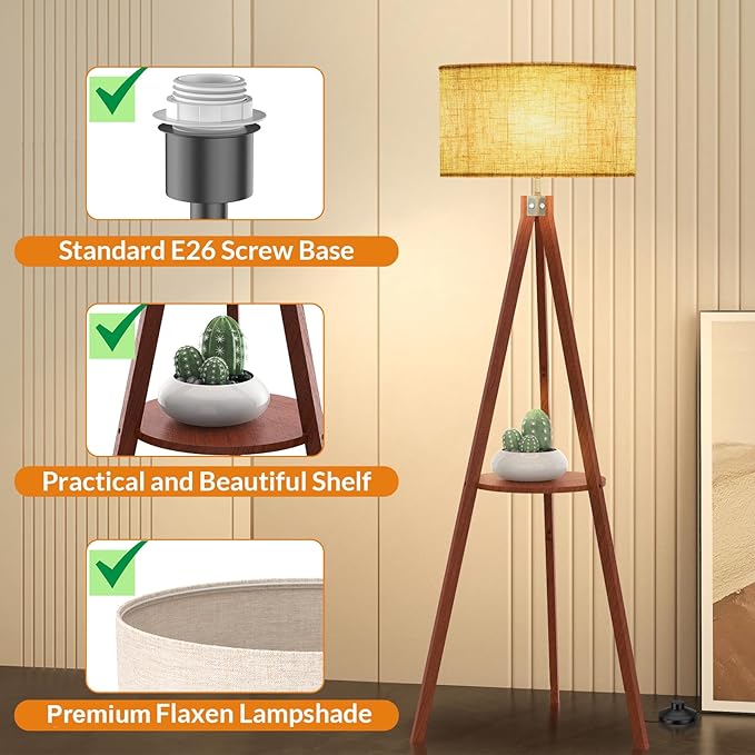 LEPOWER Tripod Floor Lamp, Mid Century Wood Standing Lamp, Modern Design Shelf Floor Lamp for Living Room, Bedroom, Office, Flaxen Linen Shade with E26 Base Brown