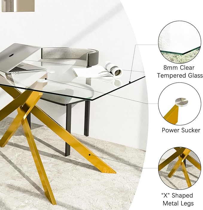 51" Rectangular Glass Dining Room Table for 4 with Tempered Glass Top and Gold Metal Legs, Modern Clear Kitchen and Dinner Table for Home Office Dining Room