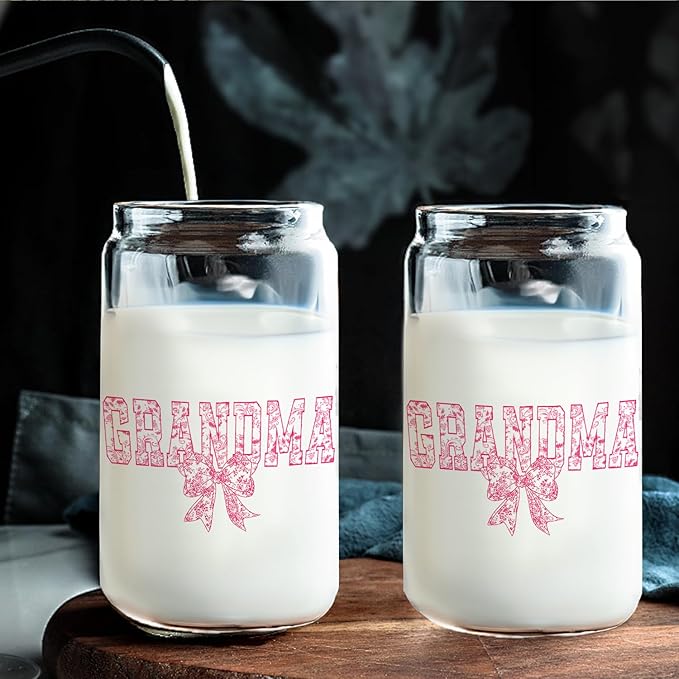 Pink Bow Grandma Glass Cup with Lids and Straws 14oz, Best Mother's Day Birthday Gifts for Grandma from Grandkids, Grandmother Gifts Glass Iced Coffee Tumbler Drinking Jars with Cleaning Brush