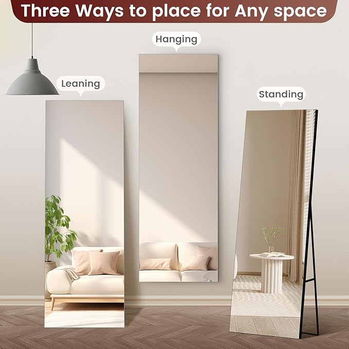 Kosmonia 71x28 Frameless Full Length Silver Coating Mirror w/Distortion Free, HD Reflection &Anti Desilvering, Tempered Glass & Shatter Proof Film Doubling Safety, Easy Setup w/Stand, Wall/Standing