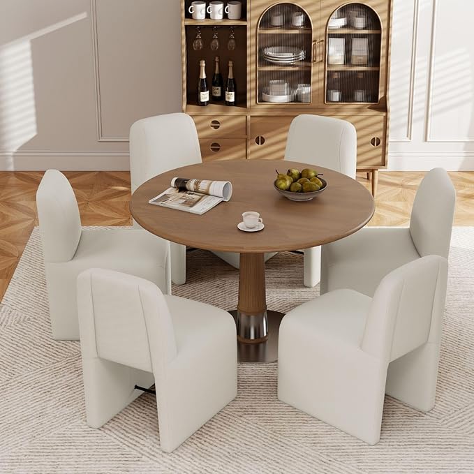 White Upholstered Chenille Dining Chairs Set of 6, Mid Century Modern Dining Room Chairs with Deep Seat & Curved Back, Armless Side Chair Comfy Kitchen Chairs for Living Room/Kitchen
