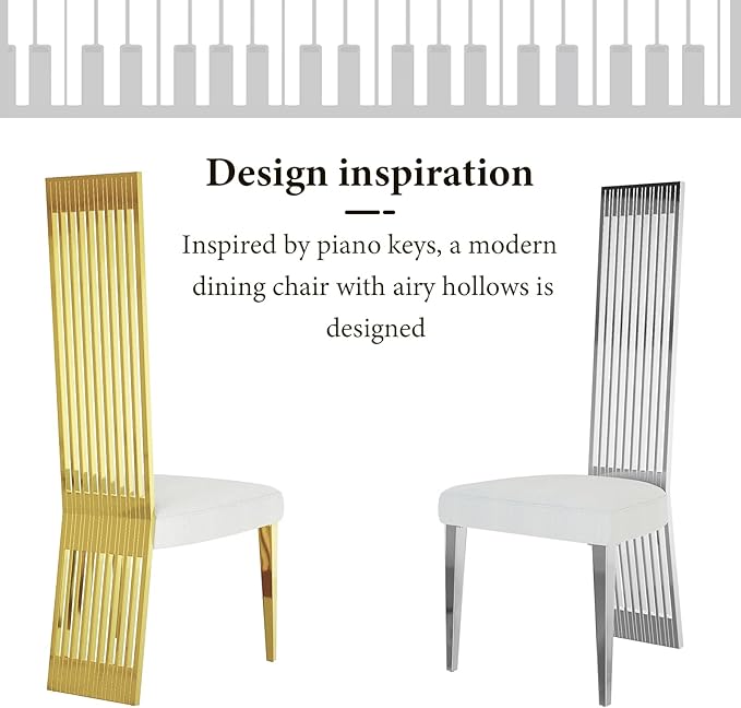 Modern Glod Dining Chairs Set of 2, Upholstered High Back Dining Chairs with Polished Stainless Steel Backrest and Legs, Luxury Dining Room Chairs for Kitchen Living Room Restaurant