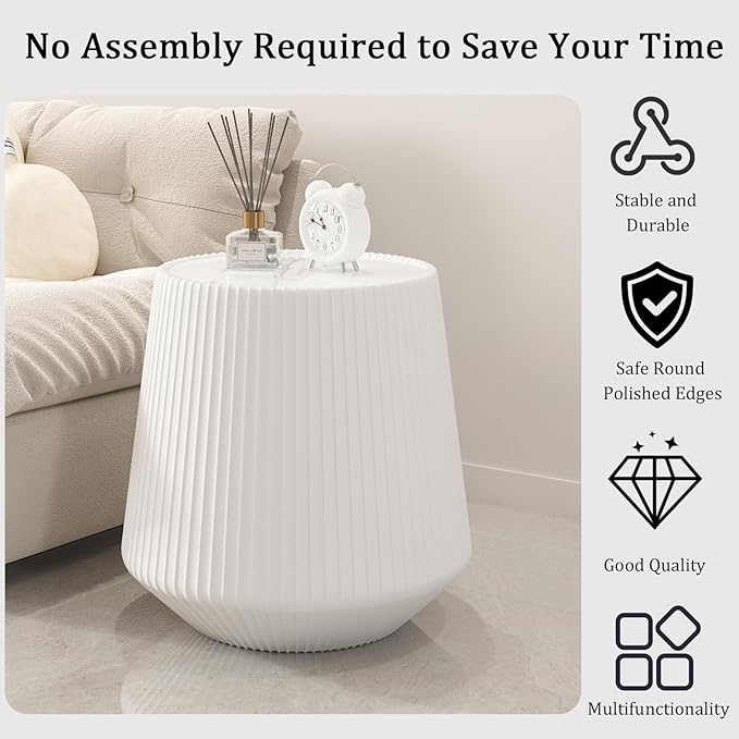 Round Coffee Table Set with Sintered Stone Tabletop, 26.77" White Drum Center Table and 19.68" White Coffee Table Set, 2 Pieces Living Room Table Set with Fluted PU Leather Cover& Stable Base