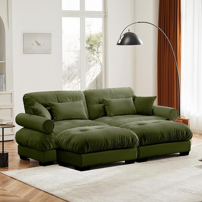 93.7" Loveseat Sofa, 2 Seater Modular Sectional Sofa, Olive Large U Shaped Sectional Couches for Living Room, Fluffy Couch, Love Seat, Velvet Cloud Couch with Ottoman, Deep Seat Sofas for Living Home