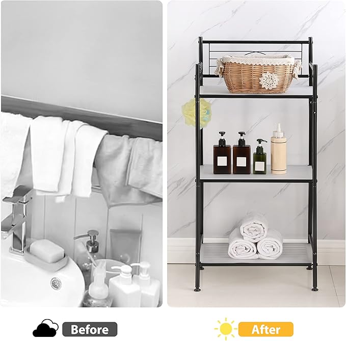 MallBoo 3-Tier Metal Freestanding Storage Shelf,Standing Bathroom Shelves with 3 x PP Shelf Liners and 4 x Hooks for Laundry Kitchen Office (Black)