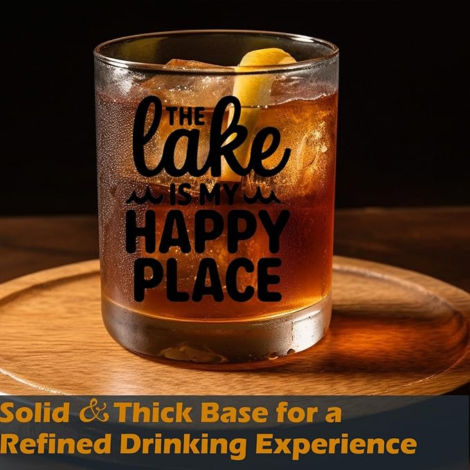 Lake Lovers Gifts Old Fashioned Whiskey Glasses, Like Life Gifts, The Lakes is My Happy Place 10 oz Rocks Barware Cup for Cocktail Drinks Scotch Bourbon Liquor