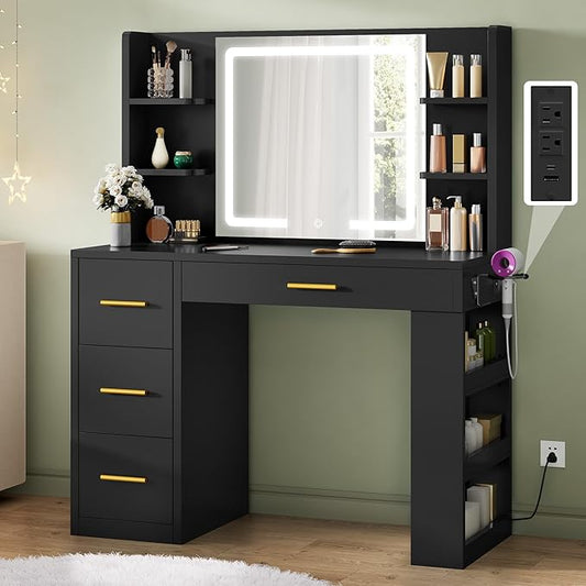 DWVO Makeup Vanity with LED Mirror, 40" Big Vanity Makeup Table with 4 Drawers and 7 Open Storage Shelves, Built-in Power Outlets & Hairdryer Holder, Black
