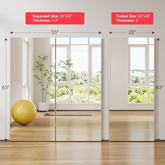 brisafe 360-Degree Folding Full-Length Mirror - 71" x 55"Oversized Anti-Shatter Nano Film Mirror, Space-Saving Foldable Design for Home Gym/Yoga Studio, 60% Commercial Insurance Discount, White