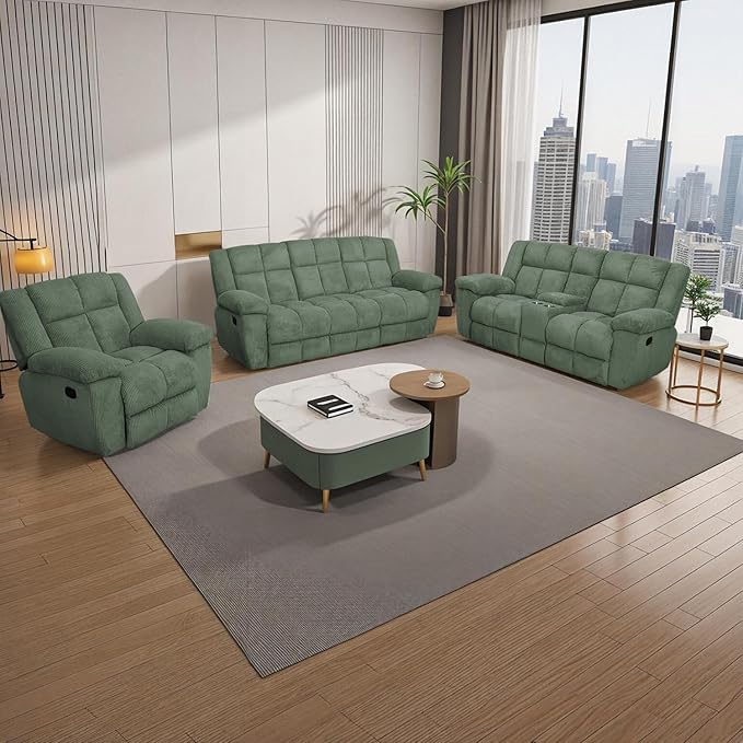 Manual Recliner Sofa Set,Corduroy Reclining Couch Set,Modern Living Room Furniture Set,Reclining Sofa Couch Chair for Living Room Home Office(Green,3 Pieces Set)