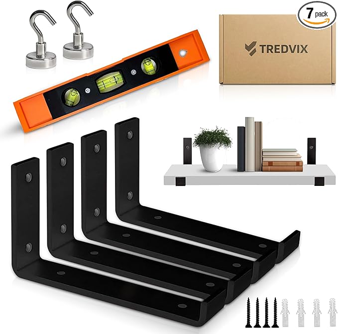 12 Inch Heavy Duty Wall Shelf 0,2" Thick, Black Shelf Bracket, Wall Brackets for Shelves + Built-in Level & 2 Magnetic Hooks, Matte Black Powder-Coated Carbon Steel, Metal Garage Shelves Wall Mounted