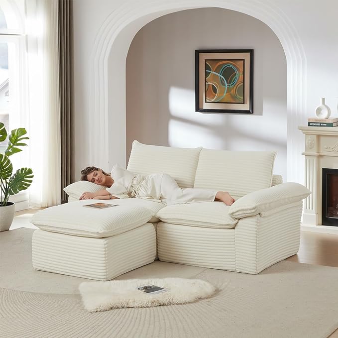 80" Cloud Sectional Couch with L-Shaped Chaise, Corduroy Sectional Sofa with Ottoman, Boneless Couch with Deep Seat in a Box for Living Room, No Assembly Required (White)