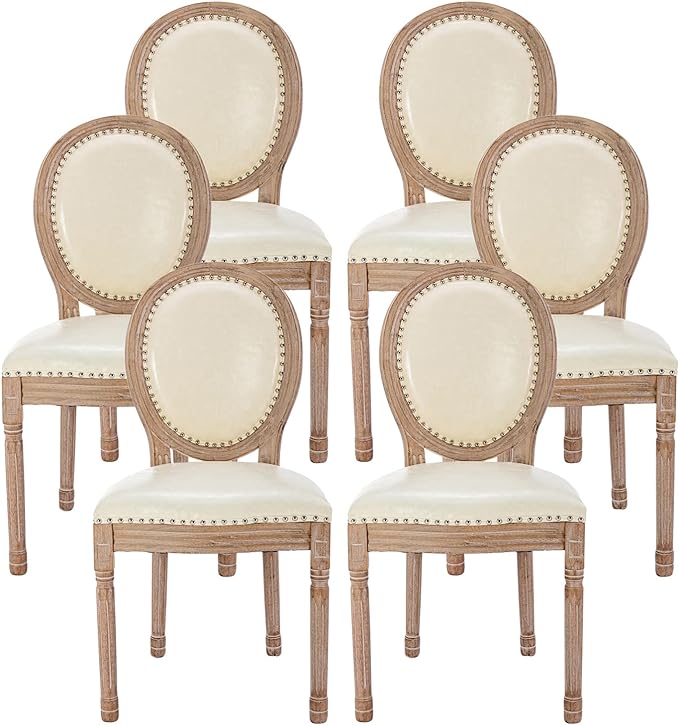 Nrizc French Country Dining Chairs Set of 6, Leather Farmhouse Dining Room Chairs with Round Back, Solid Wood Legs, Oval Side Chairs for Kitchen/Bedroom/Dining Room