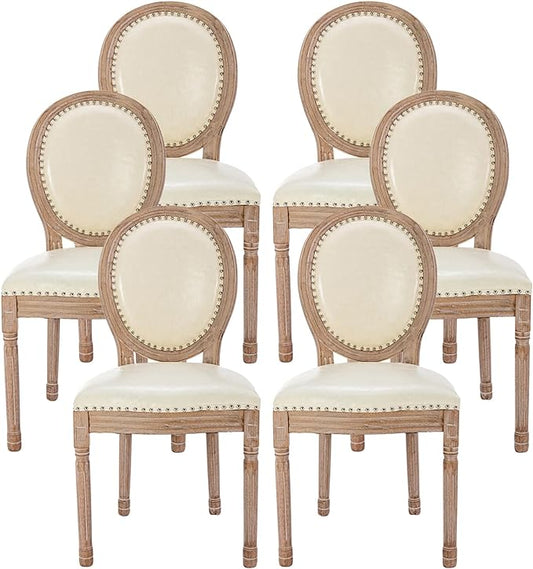 Nrizc French Country Dining Chairs Set of 6, Leather Farmhouse Dining Room Chairs with Round Back, Solid Wood Legs, Oval Side Chairs for Kitchen/Bedroom/Dining Room
