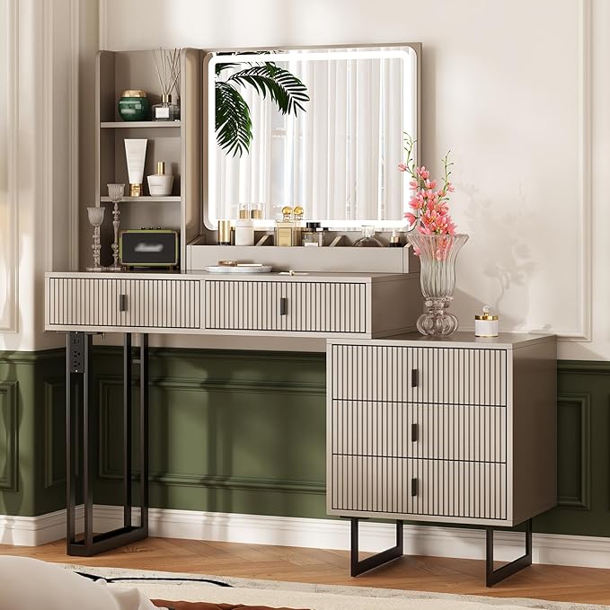 Large Vanity Desk with 3 Color Touch Screen Dimming Mirror, Vanity Desk with Charging Station, Modern Retractable Makeup Dressing Table, Makeup Table With storage shelves and 5 Sliding Drawers, Grey