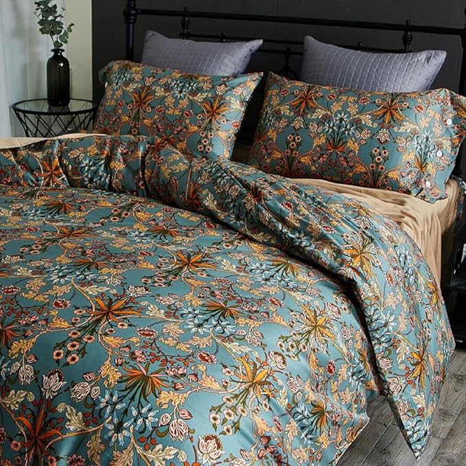 Vintage Style Garden Flower Duvet Cover Set King Boho Floral Long Staple Cotton Comforter Cover Luxury Soft Green Golden Floral Bedding Set Boho Farmhouse Bohemia Duvet Cover with 2 Pillowcases