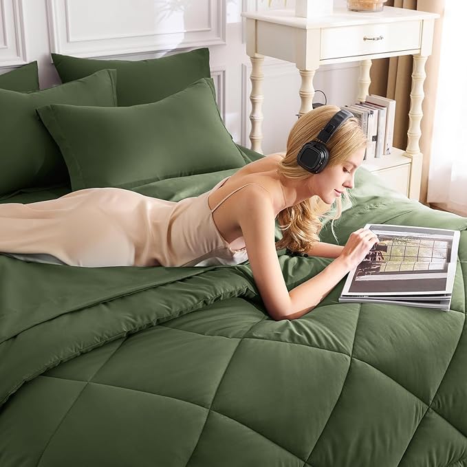 CozyLux Full Size Comforter Sets Olive Green - 7 Pieces Bed in a Bag Full, Luxury Soft Bed Set for All Seasons, Bedding Set with Down Alternative Comforter, Sheets, Pillowcases & Shams