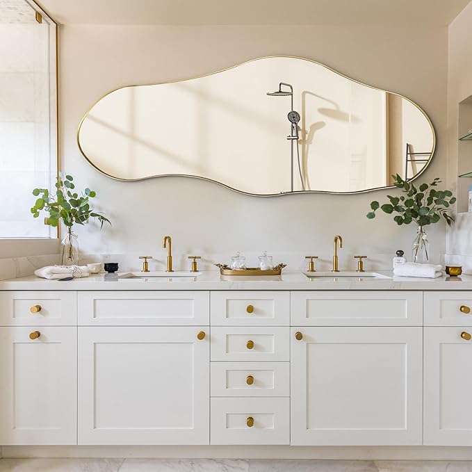 Large Asymmetrical Mirrors, 55"x22" Irregular Shaped Mirror, Gold Metal Frame Abstract Wall Mirror Decorative, Modern Funky Mirrors for Living Room Bathroom Bedroom Hallway Entryway Fireplace