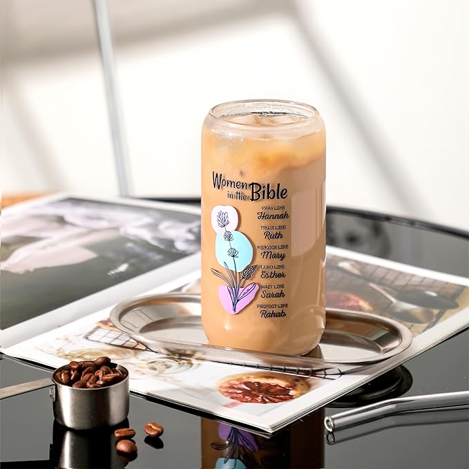 Christian Gifts for Women - Women of the Bible Glass Coffee Tumbler with Straw and Gift Box - 16oz Christian Mug for Mother's Day, Sister, or Bible Lovers