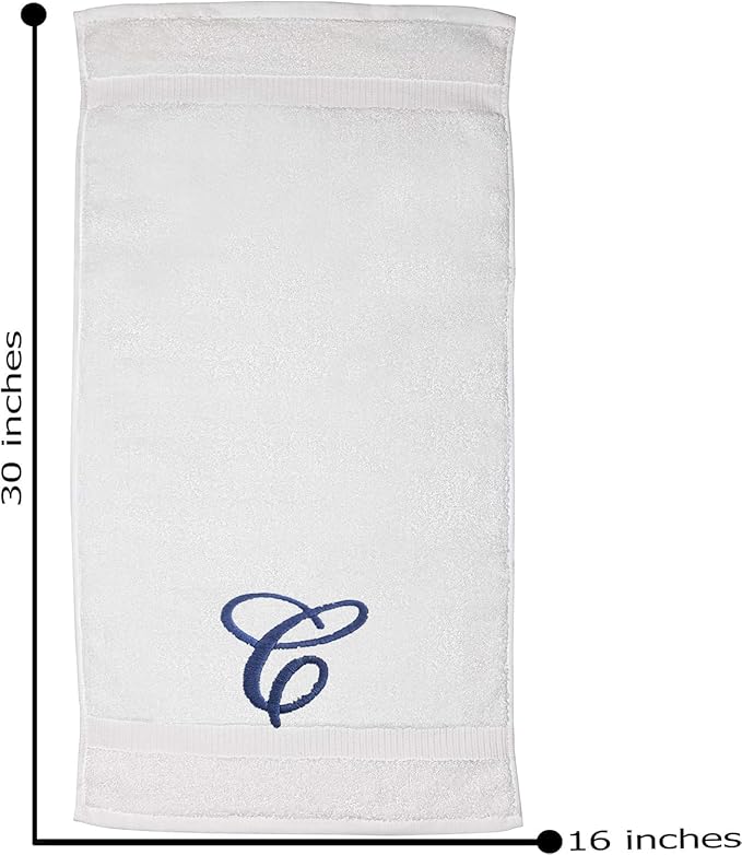 White Monogrammed Hand Towels for Bathroom - Luxury Hotel Quality Personalized Initial Embroidered Towel for Powder Room, Spa - GOTS Organic Certified - Set of 2 Navy Letter C
