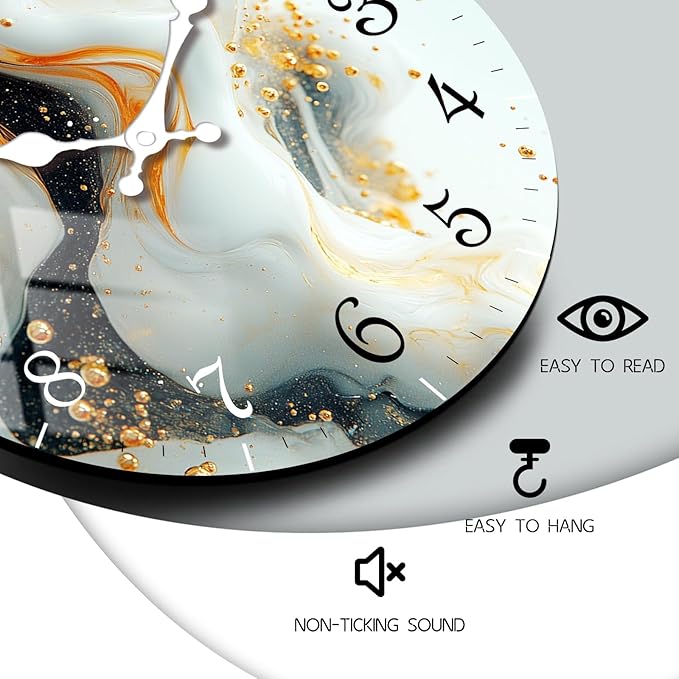 Marble Texture Wooden Wall Clock Silent Non-Ticking Battery Operated 12 Inches Modern Home Decorative Kitchen Decor Quartz Small Analog Clock for Bedroom, Office