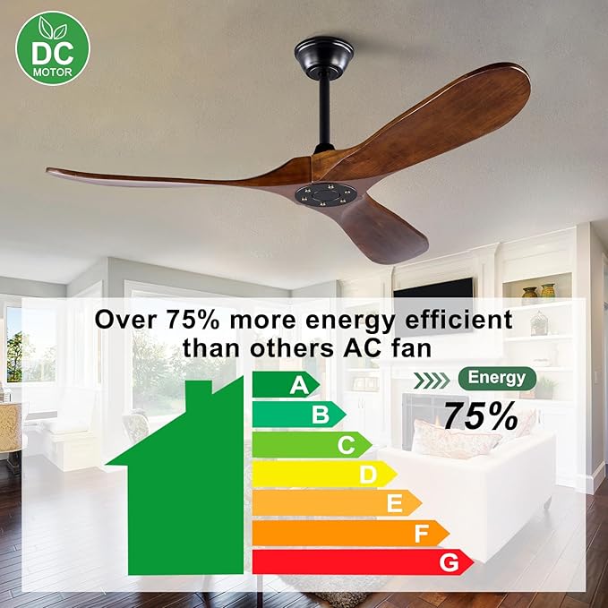 52 inch Ceiling Fan without Light, Quiet Reversible DC Motor Wood Ceiling Fan no Light, 3 Blades Modern Ceiling Fan with Remote Control for Outdoor Indoor Farmhouse Patios