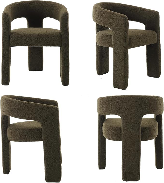 Modern Sherpa Dining Chairs Set of 4, Upholstered Barrel Chairs with Arms Comfy Accent Side Chairs for Living Room/Dining Room/Reception, Green