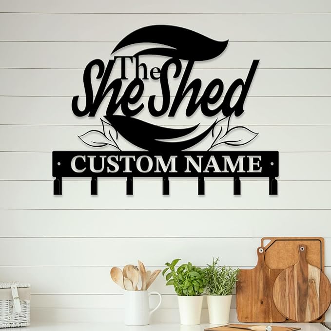 Personalized She Shed Keys Hooks,Custom Name Metal She Shed Art Keys Hooks,Metal She Shed Lover Wall Home Storage Decorative Keys Hooks,Key Holder Hooks for Wall (Style E)