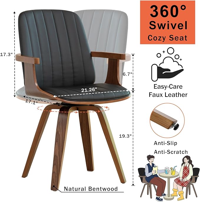 Swivel Dining Chairs, Set of 6 Kitchen Swivel Chairs with Walnut Craftsmanship, Upholstered Faux Leather, Wooden Arms and Legs, Walnut Dining Chairs for Kitchen/Living Room - Black